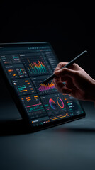 Dark SaaS dashboard UI on left, with hand and stylus interacting. Right side left blank for text. Clean, glowing interface for B2B business or product promo.