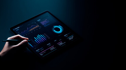 Dark SaaS dashboard UI on left, with hand and stylus interacting. Right side left blank for text. Clean, glowing interface for B2B business or product promo.