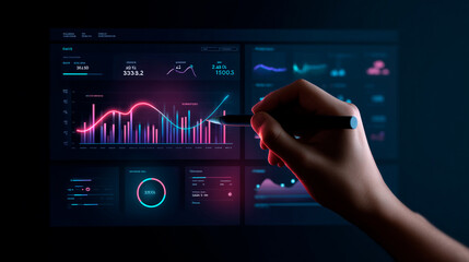 Dark SaaS dashboard UI on left, with hand and stylus interacting. Right side left blank for text. Clean, glowing interface for B2B business or product promo.