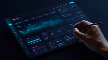 Dark SaaS dashboard UI on left, with hand and stylus interacting. Right side left blank for text. Clean, glowing interface for B2B business or product promo.