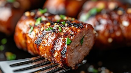 A tantalizing close-up of grilled sausages seasoned with herbs, showcasing a crispy texture and inviting appearance, perfect for a summer barbecue or culinary delight.