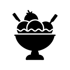 A black silhouette of a classic ice cream sundae with three scoops of ice cream and two spoons in a pedestal bowl isolated on white background