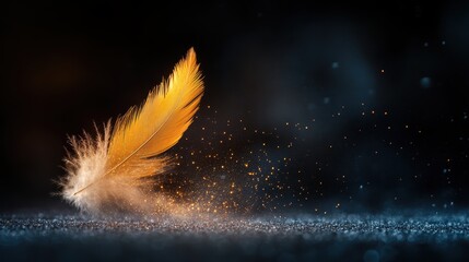 A captivating golden feather hovers amidst a veil of soft dust and shimmering particles, embodying lightness and purity in an enchanting, dream-like atmosphere.