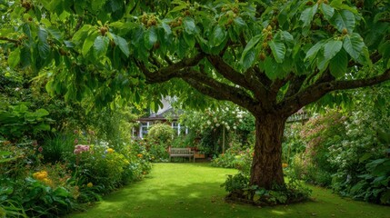 Fototapeta premium A serene garden features a majestic tree surrounded by vibrant flowers and greenery, providing a peaceful retreat and inviting bench for relaxation.