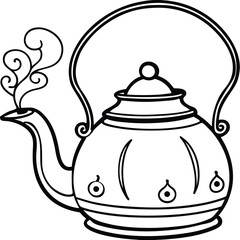 Charming old fashioned tea kettle with a steaming teacup presented isolated on white background