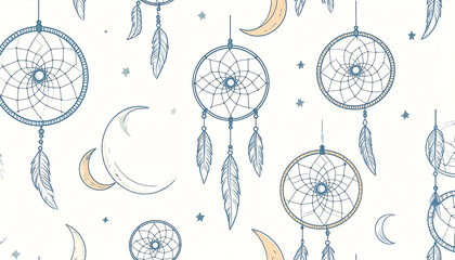 A repeating pattern of dreamcatchers, crescent moons, and feathers on a white background; delicate line art in cool tones