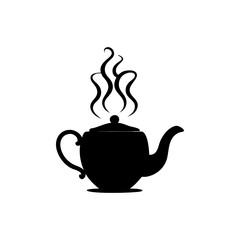Black silhouette of a steaming teapot with a handle and spout emitting wisps of steam isolated on white background