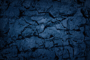 Texture of blue tree bark, trunk, coal, stone background. Dark wallpaper with rough cracked texture. Empty grunge wall concept, floor backdrop. Abstract surface mockup. Top view, close up, copy space