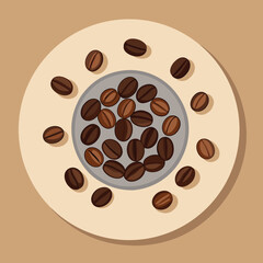 Overhead view of scattered coffee beans artfully arranged on a small saucer plate isolated on white background