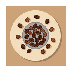 A collection of roasted coffee beans artfully arranged on a light beige saucer with a grey center isolated on white background