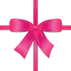 Illustration of pink lush satin bow with gold border and ribbons on transparent background. Vector illustration.