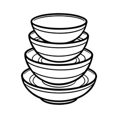 A stack of four simple black line art bowls with saucers isolated on white background