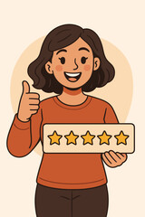 Cartoon woman giving thumbs up holding five star rating board. Customer satisfaction, feedback, positive review, excellent service, testimonial, approval, rating concept vector illustration.