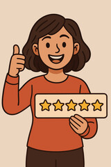 Happy smiling woman giving thumbs up with five star rating, customer feedback, positive review, excellent service satisfaction, client testimonial, cartoon vector illustration, quality experience