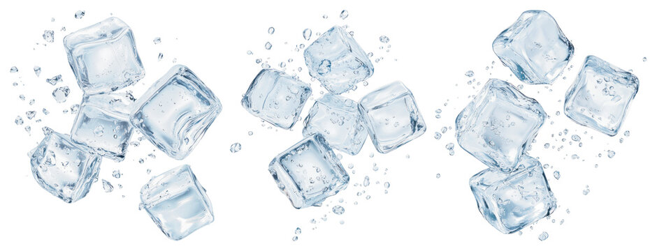 PNG Floating ice cubes with splashes, element set on transparent background