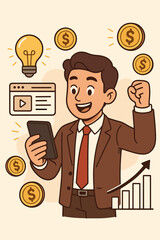 Successful entrepreneur cartoon character using smartphone for online business growth, generating income, digital innovation, creative startup ideas, financial success, business strategy concept