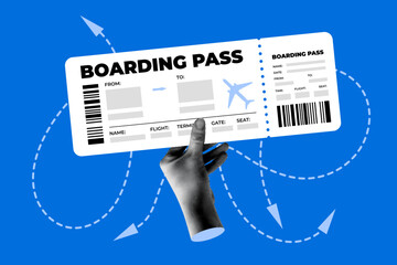 Halftone hand holding boarding pass for plane. Travel, tourism concept. Airplane ticket. Go on an adventure. Vacation time. Modern collage