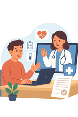 Telemedicine consultation patient digital health checkup. Online doctor appointment via laptop. Remote medical exam, virtual healthcare service, health insurance protection, modern clinic technology