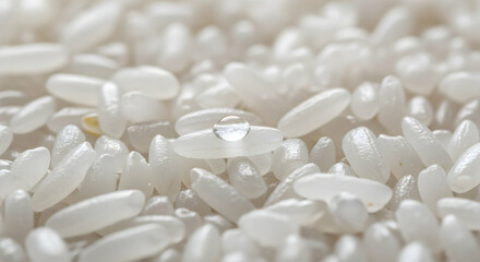 Close Up Of White Rice Grain With a Water Droplet On One