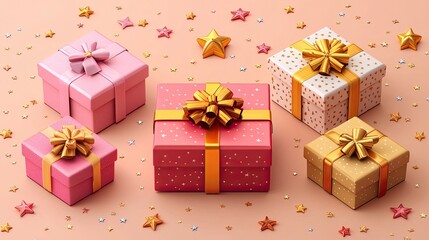 Colorful gift boxes with bows and stars on a peach background. Perfect for birthday, holiday, festive celebration, and special events.