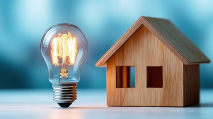 An artistic depiction showcasing a lightbulb next to a wooden house model, representing innovation and creativity in home development and design ideas.