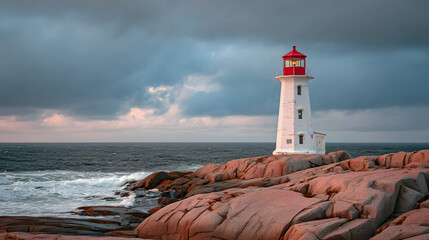 Lighthouse on rocky shore, guiding light against cloudy sky, symbol of safety in maritime navigation, print for National Lighthouse Day