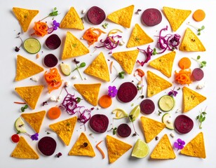 Rich tortilla chips composition with vegetables and fruit on pure white background