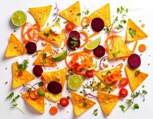 Rich tortilla chips composition with vegetables and fruit on pure white background