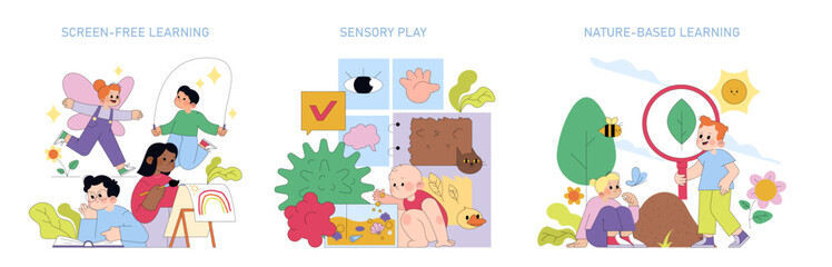 Children Engaged in Screen-Free, Sensory, and Nature Learning