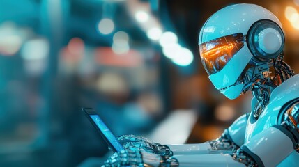This image features a sleek robot focusing intently on a smartphone, blending elements of technology and human-like interaction in a vibrant, futuristic setting.