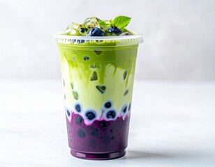 Iced Matcha Latte with Blueberry Puree and Milk Layer in Clear Plastic Cup on White Background