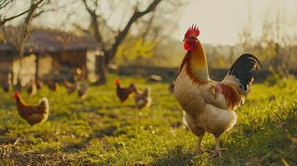 Fototapeta premium Rooster standing proudly in a sunlit farmyard surrounded by chickens in a rural setting during the golden hour
