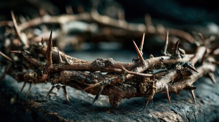A crown made of sharp, intertwined thorns rests on a rough, dark surface, symbolizing themes of sacrifice, pain, and redemption. The texture and shadows enhance its powerful presence.