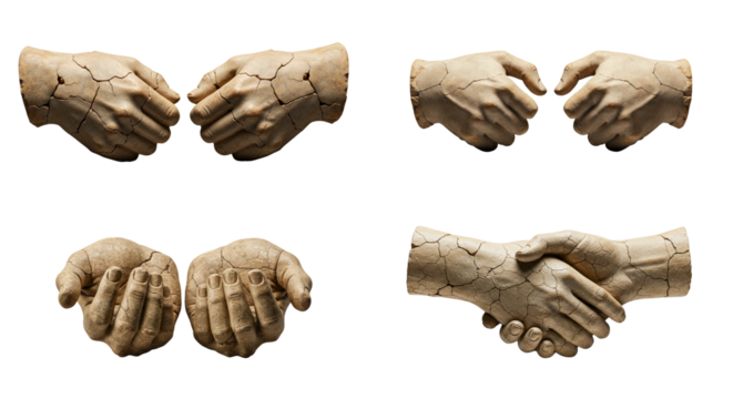 Isolated photorealistic images of sculptural hands in various poses  