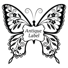 Black silhouette butterfly featuring antique label design vector