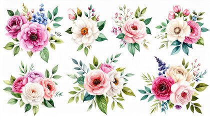 Watercolor painting set of beautiful floral bouquet compositions. Hand drawn art. Blooming flowers.