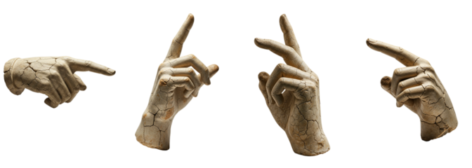 Set of isolated photorealistic sculptural hands on transparent background, indicating gestures  