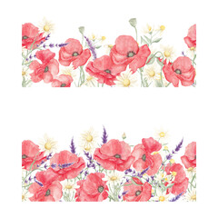 Watercolor painted poppies. Lavender. Poppy lavender frame. Floral Border. Spring, May. Set of elements for decoration. Sublimation elements. Spring wildflowers. Icelandic poppies. Wreath of poppies. 