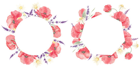 Watercolor painted poppies. Lavender. Poppy lavender frame. Floral Border. Spring, May. Set of elements for decoration. Sublimation elements. Spring wildflowers. Icelandic poppies. Wreath of poppies. 