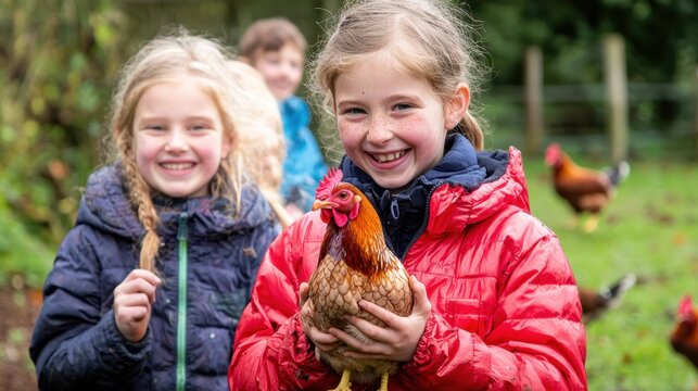 Children enjoy a fun day at the farm holding chickens in a green pasture on a bright autumn afternoon