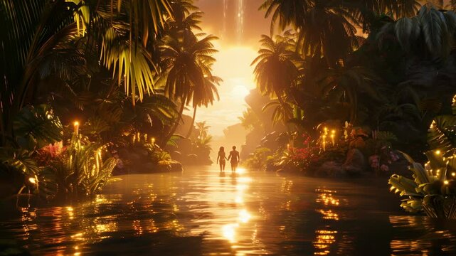 Exploring Eden with Adam and Eva at sunset near the water in a lush paradise