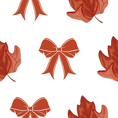 Elegant seamless pattern with traditional maple leaves and ribbon bows in Canadian red, for a variety of designs