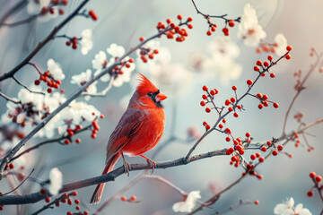 Red cardinal perched on a branch with berries