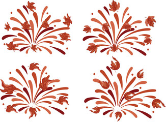 set of fireworks in different shades of orange with different maple leaves of different shapes and colors, for Canada Day