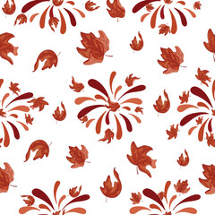 Pattern with fireworks in different shades of orange with different maple leaves and the leaves themselves from under the tree, for Canada Day