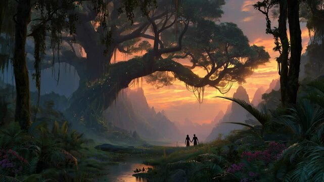 Adam and Eva explore Eden at sunset, surrounded by lush nature and a tranquil river