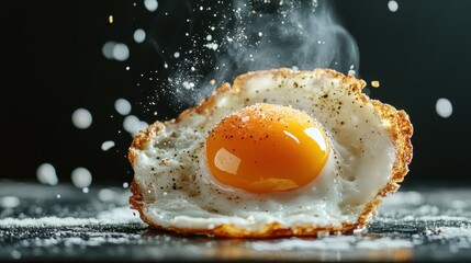 An appetizing image of a perfectly fried egg, sizzling and seasoned, capturing the essence of simple yet delicious breakfast cuisine with a touch of elegance.