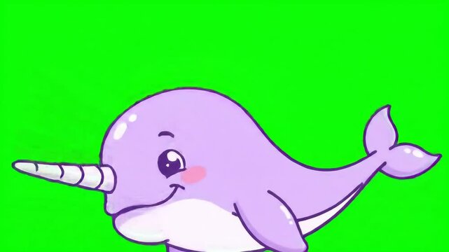 Cute Smiling Narwhal Cartoon Character on Green