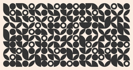 Abstract monochrome floral geometric pattern in mid-century modern style with elements of Scandinavian minimalism. Swiss summer Posters Set with simple shapes on white background. Vector Eps10