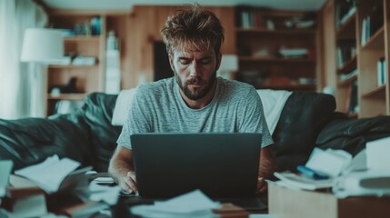 Obraz premium In a cozy, cluttered environment, a man is deep in thought while working on his laptop, highlighting the complexities of modern life and work-life balance.
